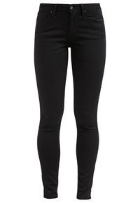 Pantalones vaqueros negros ajustados hechos de una tela elástica, con un diseño clásico de cinco bolsillos, frente sin costuras y cinturilla estándar con un botón de metal.