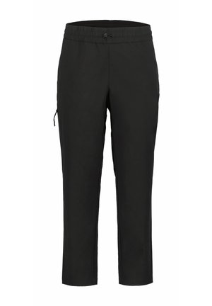 Black cropped pants made of soft, lightweight fabric. Features an elastic waistband and a zippered side pocket for secure storage.