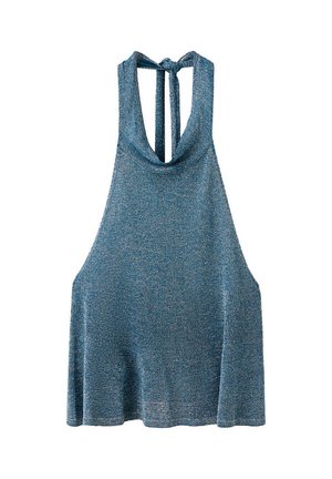 Haut halter bleu en maille sans manches avec fermeture à nouer au niveau du cou et coupe ample et fluide.