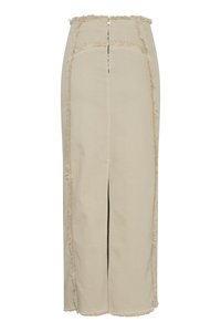 Beige denim skjørt med frynser, en bakglidelås og en frontsplitt. Rett silhuett som strekker seg til midten av leggen.