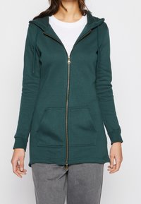 Sudadera de cremallera en color verde azulado con capucha, dos bolsillos frontales y una cremallera dorada. Presenta una textura suave y mangas largas. Combinada con pantalones grises.