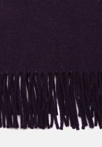 Couverture en laine d'un violet sombre avec une texture douce, ornée de longues franges sur un bord pour un détail supplémentaire.