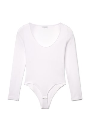 Body bianco a maniche lunghe realizzato in tessuto liscio ed elastico, con scollo basso a U e chiusura a scatto nella parte inferiore.