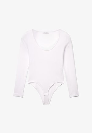 Body bianco a maniche lunghe realizzato in tessuto liscio ed elastico, con scollo basso a U e chiusura a scatto nella parte inferiore.