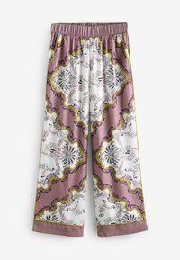 Pantaloni largi cu model în roz și alb, cu accente galbene. Confecționați dintr-un material ușor, cu talie elastică și motive florale detaliate.