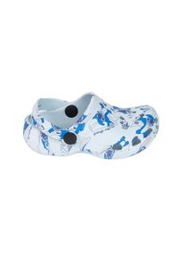 Blue and white clogs featuring a cartoon pattern, with ventilation holes, a textured upper, and solid black buttons on the sides.