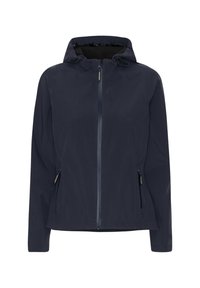 Marineblauwe softshell jas met een capuchon, rits aan de voorkant en zijzakken. Gladde textuur, slim fit ontwerp met verstelbare koord.