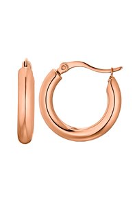 Ohrringe aus Roségold in Form von geschlossenen Kreolen mit einer glatten, polierten Oberfläche. Sie zeichnen sich durch eine kreisförmige Form mit einem Scharnierverschluss und ein raffiniertes, minimalistisches Design aus.