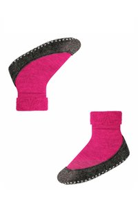 Calze multicolori con parte superiore rosa e suola grigio scuro. Presentano motivi testurizzati e puntini in gomma per la presa. Design con caviglia risvoltata.