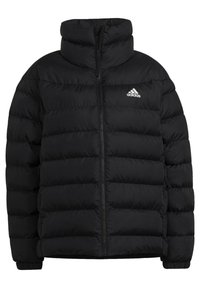 Veste matelassée noire avec col montant, fermeture éclair, design matelassé horizontal, et logo Adidas blanc brodé sur la poitrine.