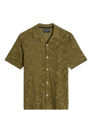 Olive green short-sleeve button-up shirt with a textured leaf pattern and a camp collar.