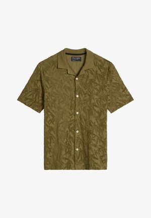 Olive green short-sleeve button-up shirt with a textured leaf pattern and a camp collar.