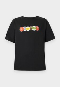 Black t-shirt with a crew neck, featuring a multi-colored graphic of billiard balls and the word "VOLCOM" across the chest.