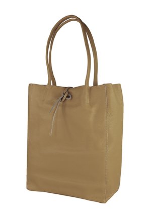 Leren tas in tan kleur met een gestructureerde vorm, dubbele handgrepen en een trekkoordsluiting. Heeft een gestructureerd oppervlak en een minimalistisch ontwerp.