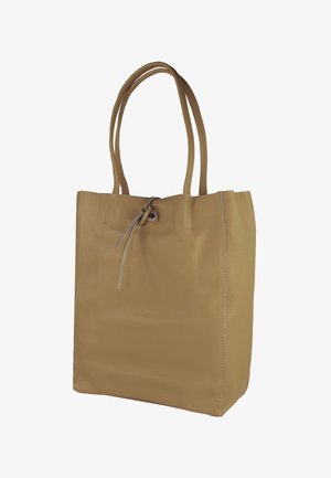 Leren tas in tan kleur met een gestructureerde vorm, dubbele handgrepen en een trekkoordsluiting. Heeft een gestructureerd oppervlak en een minimalistisch ontwerp.