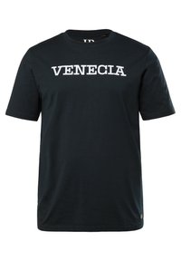 Camiseta de algodón negra con mangas cortas y cuello redondo. Presenta la palabra "VENECIA" impresa en blanco en el pecho. Diseño simple y casual.