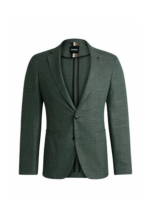Green textured blazer with a notch lapel, two front pockets, and a single button closure. Interior features contrasting vertical stripes.