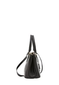 Borsa a mano in pelle nera con una forma strutturata, caratterizzata da una superficie liscia, doppi manici e dettagli in metallo dorato per la chiusura.