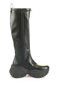 Knee-high black leather boot with a front zipper, chunky black rubber sole, textured finish, and curved outsole design.