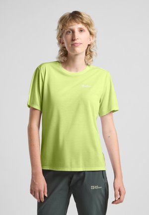 Limegroene T-shirt met korte mouwen, gemaakt van gladde stof, met een klein logo op de linkerkant van de borst en een ronde halslijn.