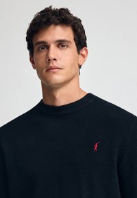 Gestrickter schwarzer Pullover mit gerippter Struktur und rotem Logo-Akzent auf der Brust. Rundhalsausschnitt, Standardpassform.