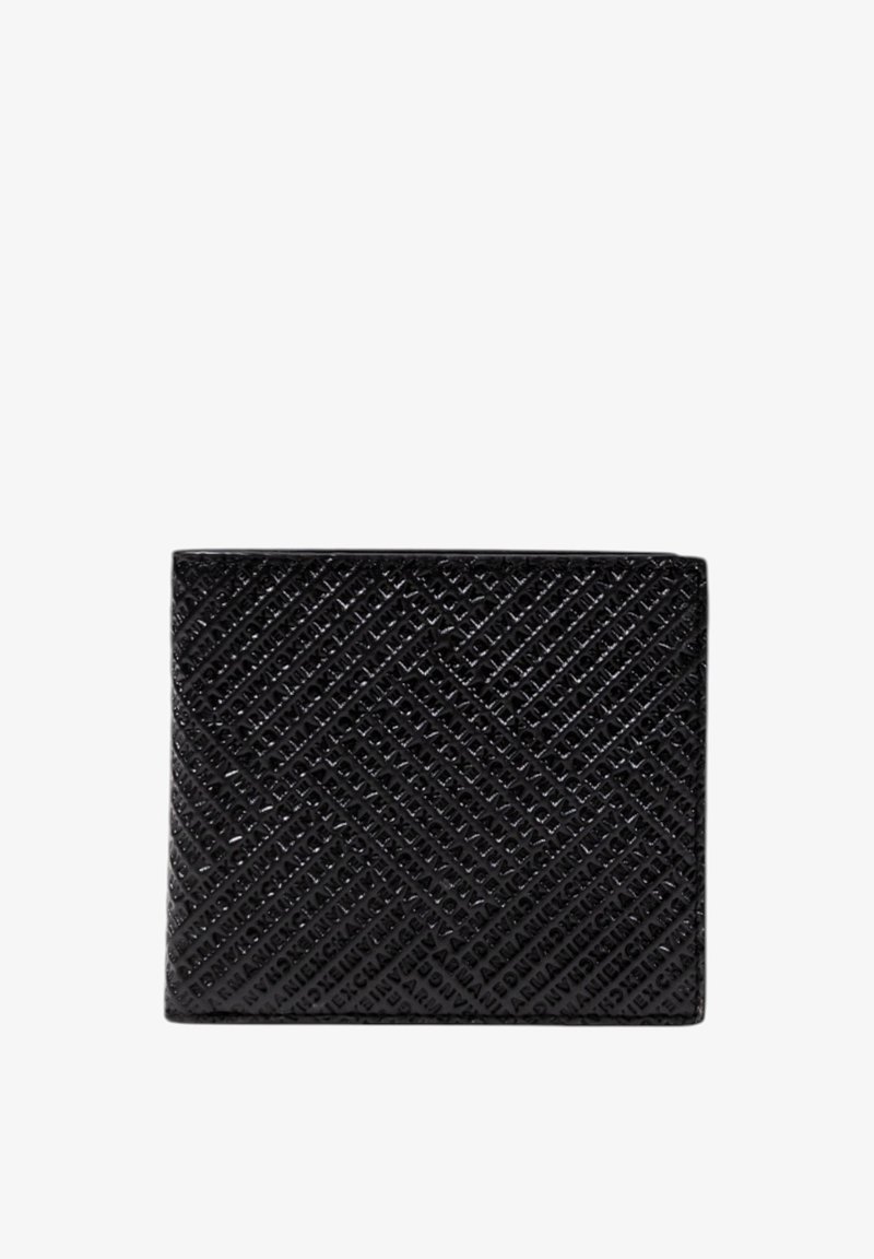 Portafoglio nero in materiale sintetico testurizzato, con design a motivi e forma rettangolare. Nessun hardware o accenti visibili.