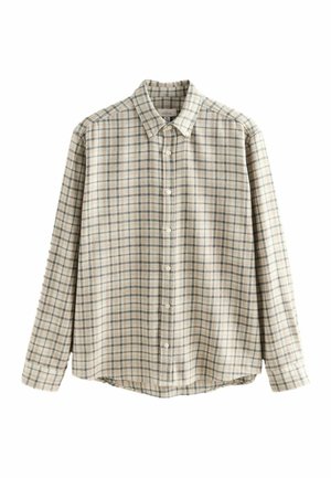 Long-sleeve beige flannel shirt with blue checkered pattern and button-down collar, front buttons, and cuffed sleeves.