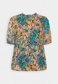 Blusa com estampado floral em tons coloridos de azul, verde, rosa e laranja. Tecido leve com decote redondo e mangas curtas bufantes.