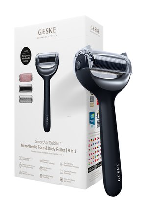 Sort Geske mikro-nåle roller med beskyttelsescover vist ved siden af sin hvide æske, der viser tilbehør og funktioner til ansigts- og kropspleje.