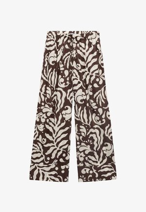 Pantaloni larghi a righe marroni e crema con vita elastica e cordino, caratterizzati da un design floreale e a onde.