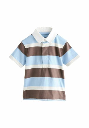 Kurzärmeliges Poloshirt mit weißem Kragen und horizontalen Streifen in Hellblau, Braun und Weiß auf einfarbigem Hintergrund.
