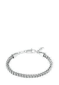 Silberne Kettenarmband mit verflochtenen Gliedern, ausgestattet mit einer polierten Oberfläche und einem sicheren Verschluss mit Akzenten an beiden Enden.