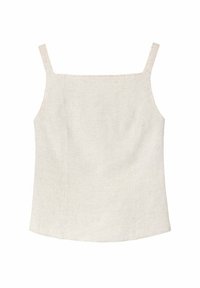 Top de tirantes de lino en un color beige claro. Presenta tirantes finos y un dobladillo recto, con una textura suave y un diseño minimalista.