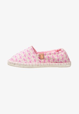 Rosa espadrille med flamingo-print, tekstiloverdel, vævet jutesål og pink syninger. Indeholder et ananas-akkentlogo.