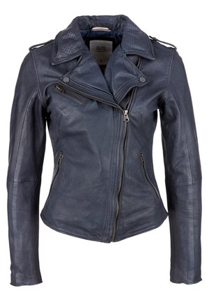 Dark blue leather biker jacket with asymmetrical front zipper, zippered pockets, and perforated collar details.