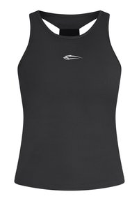 Débardeur de sport noir sans manches avec un petit logo blanc stylisé centré près du col.