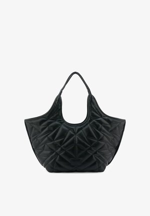 Sac à main en cuir souple noir matelassé avec poignées supérieures courbées et un fond large et structuré.