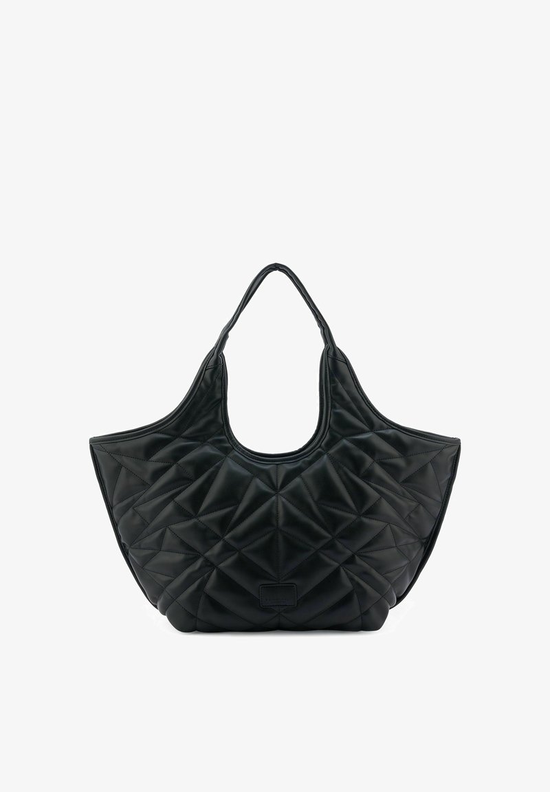 Sac à main en cuir souple noir matelassé avec poignées supérieures courbées et un fond large et structuré.