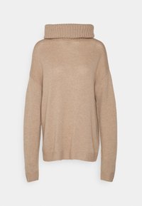 Beige trui met een brede rolkraag, verlaagde schouders en ribgebreide manchetten. Gemaakt van een zachte brei stof, met een ontspannen pasvorm en minimale details.