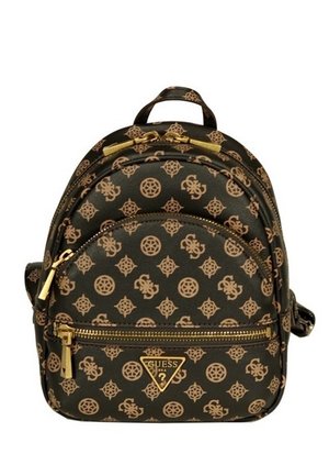 Compact black backpack with tan monogram pattern, gold zippers, and a front pocket featuring the Guess USA triangular logo.