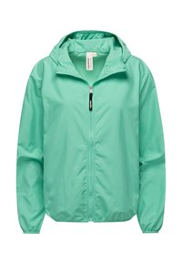 Lightweight mint green jacket with a hood, front zipper, elastic cuffs, and a smooth texture. Features a brand tag inside.