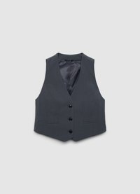 Graue Weste mit tiefem V-Ausschnitt, fünf schwarzen Knöpfen und zwei Fronttaschen. Hergestellt aus glattem Stoff mit einfarbiger Textur.