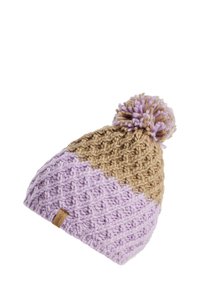 Neulepipo, jossa on liila ja ruskea väri lohkosuunnittelu. Ulkonäköön kuuluu teksturoitu kuvio ja pörröinen pompomi huipussa. Tagi näkyvissä.