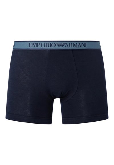 Navy cotton boxer shorts with a light blue Emporio Armani logo waistband. Features a fitted cut and smooth texture.