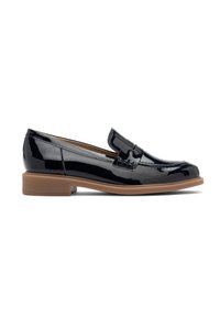 Black patent leather loafers with a low brown sole, featuring a slight heel, stitching details, and a decorative strap across the instep.