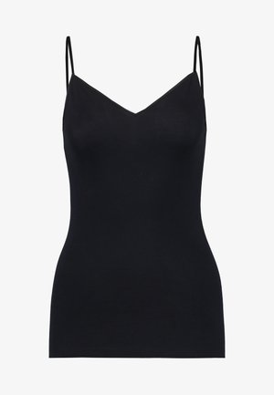 Mustat hihattomat topit ohuilla säädettävillä olkaimilla, V-pääntiellä, istuva malli, valmistettu sileästä ja joustavasta kankaasta. Ei näkyviä kuvioita tai koristeita.