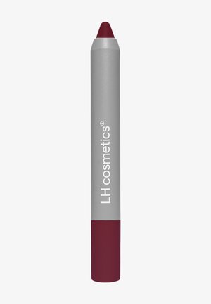 Lippenstift in einem silbernen, metallischen Gehäuse mit burgunderfarbener Spitze und markantem Branding. Glatte Textur, spitze Form für präzise Anwendung.