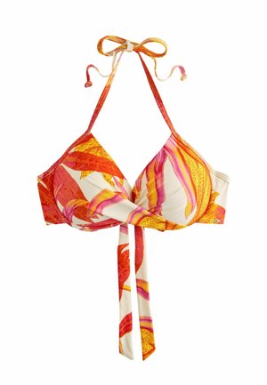 Top bikini triunghiular cu modele de frunze tropicale în portocaliu, roz și galben, cu guler halter și bretele legate în față.