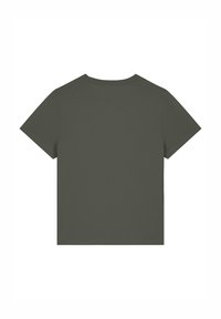 Dunkelolivgrünes Baumwoll-T-Shirt mit kurzen Ärmeln, Rundhalsausschnitt und schlichtem Design. Der Stoff wirkt glatt und hat eine weiche Textur.