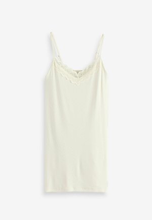 Witte camisole gemaakt van zachte stof met dunne verstelbare schouderbandjes en kantafwerking langs de halslijn, met een aansluitend ontwerp en rechte zoom.